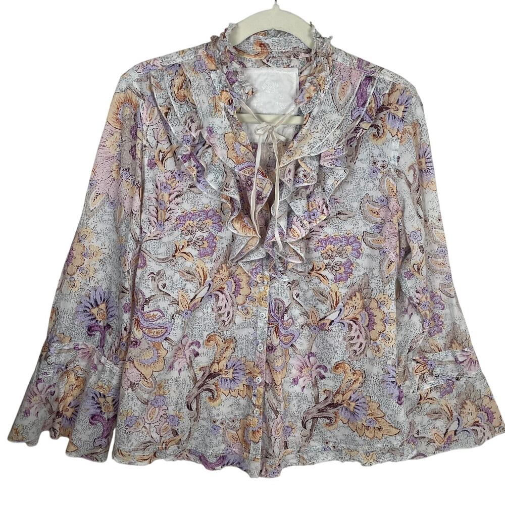 Cino Ruffle‎ Front Blouse Floral Print Button Down Velvet Tie Size L